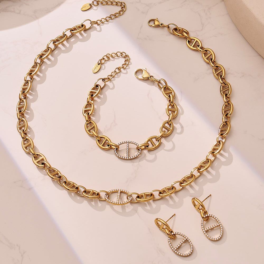 B廠【TXP532】歐美ins冷淡風豬鼻子鑲嵌鋯石項鍊手鍊耳環首飾組不銹鋼鍍18k金
 26.01-2