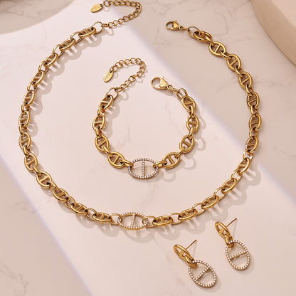 B廠【TXP532】歐美ins冷淡風豬鼻子鑲嵌鋯石項鍊手鍊耳環首飾組不銹鋼鍍18k金
 26.01-2