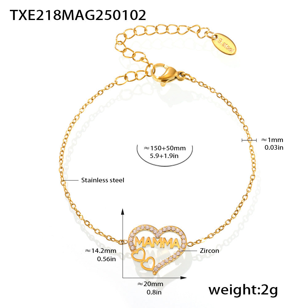 B廠【TXP218】歐美Mama愛心鋯石字母鎖骨項鍊手鍊鈦鋼PVD電鍍18K真金套裝 25.01-2
