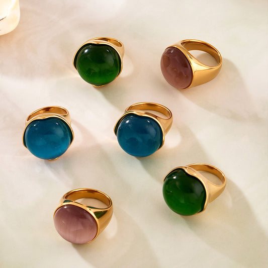 B廠【A622】歐美INS簡約氣質橢圓貓眼石戒指輕奢時尚個性手飾不鏽鋼鍍18k真金
 26.03-4