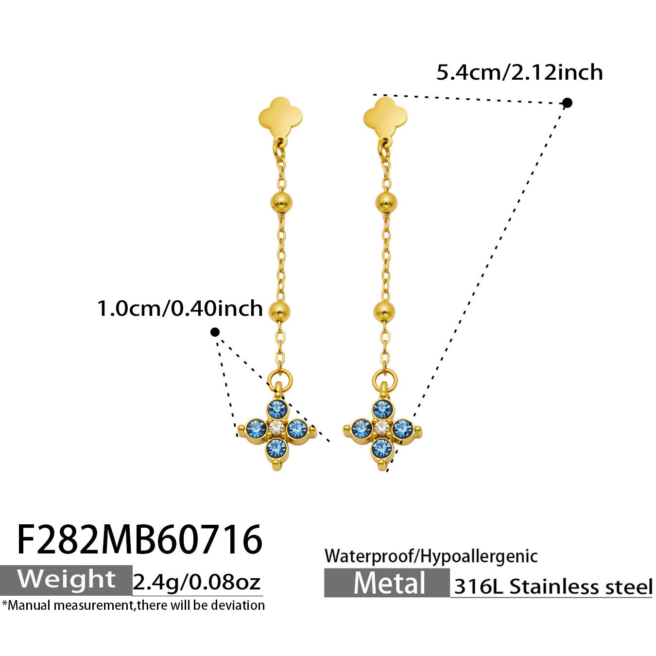 B廠【F282】歐美甜美風不鏽鋼鍍18k金 鑲嵌鋯石四葉花長吊墜耳環時尚飾品女
 26.07-4