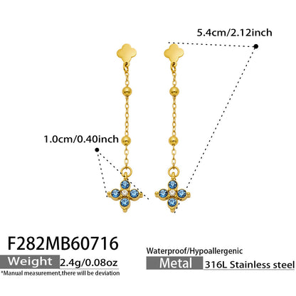 B廠【F282】歐美甜美風不鏽鋼鍍18k金 鑲嵌鋯石四葉花長吊墜耳環時尚飾品女
 26.07-4