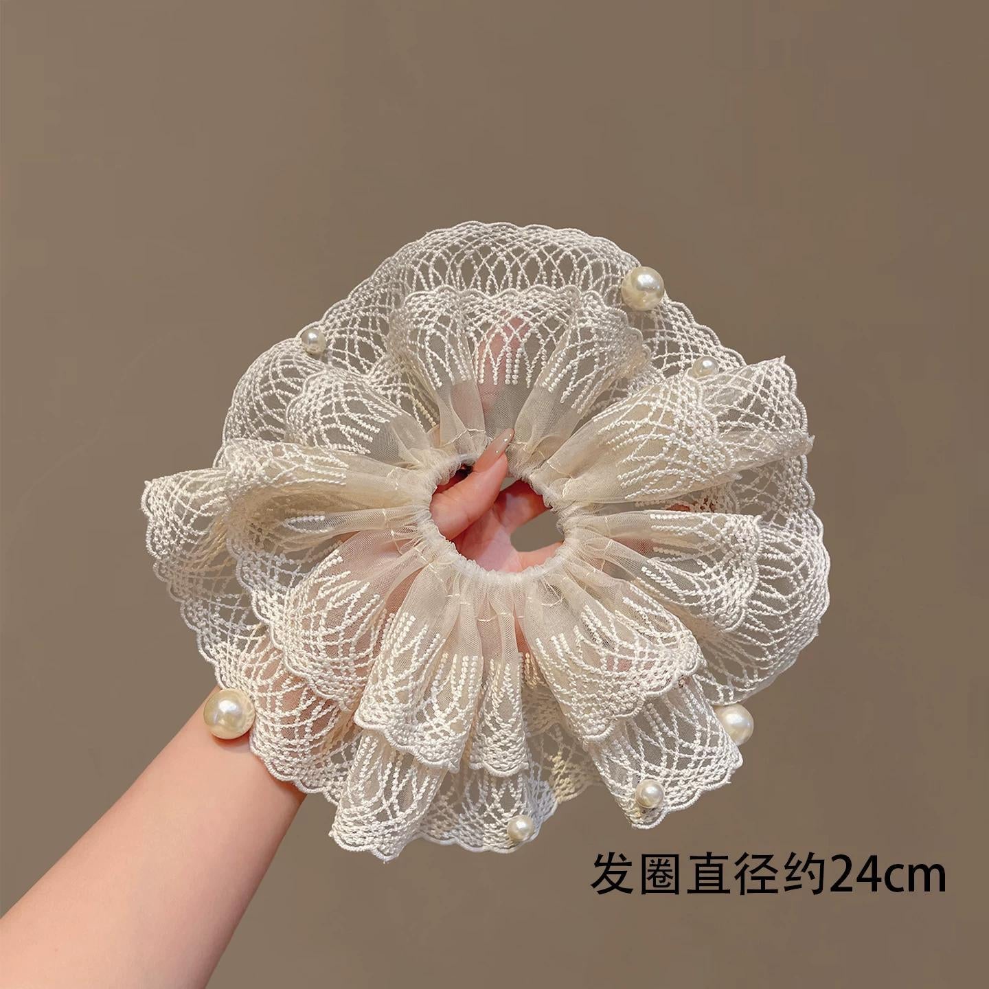 C廠【K47】法式復古米白蕾絲珍珠大腸髮圈高級感氣質大號紮馬尾頭繩百搭髮飾
 26.05-3「C廠-單筆結帳需滿，NT$500出貨(不含運費)」