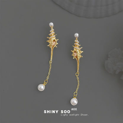 A廠【7336】原創時尚高級感微鑲鋯石S925銀針長款海螺新款耳環飾品耳飾女
 26.03-2