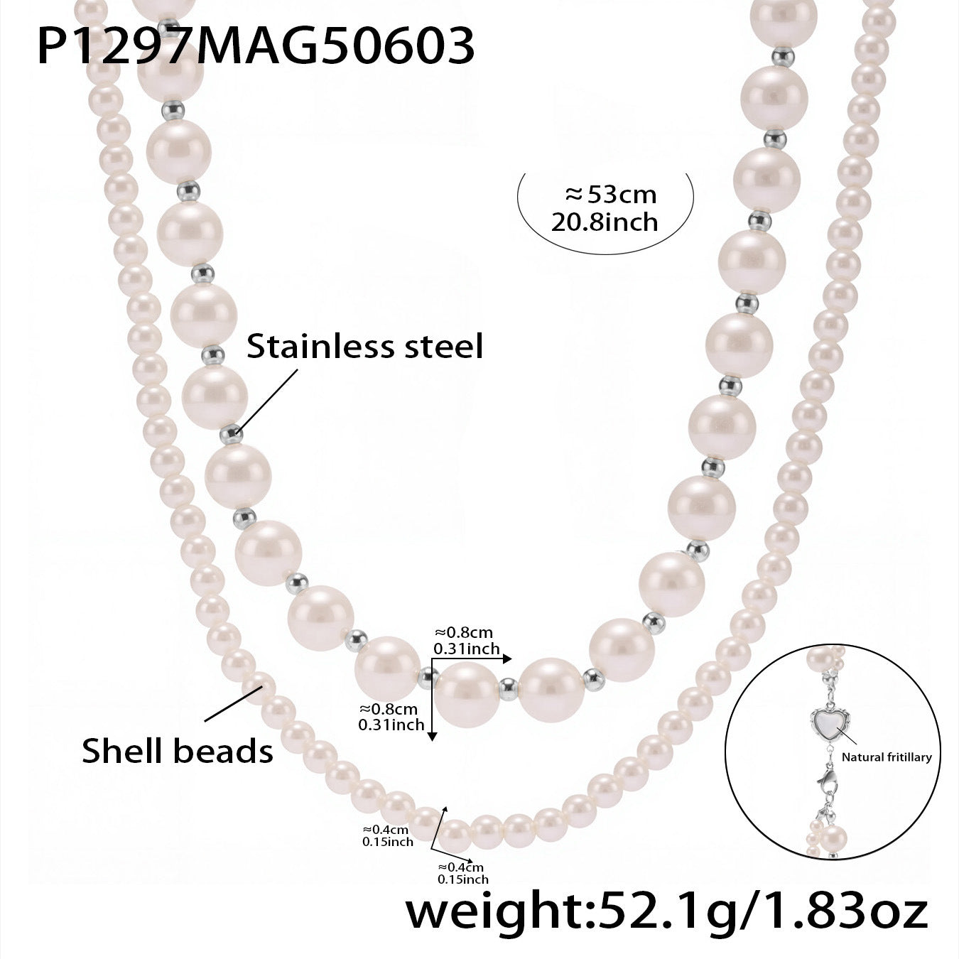 B廠【P1297】不鏽鋼鋼珠施家貝珠雙層項鍊媽媽款愛心卡扣18k鍍金不掉色 25.06-1