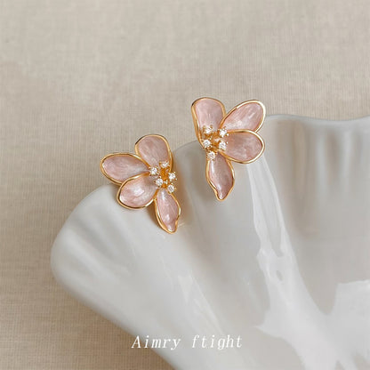 C廠【6950】溫柔氣質微鑲鋯石925銀針清新甜美小香風琺瑯滴釉花朵耳環 耳飾女
 25.10-5