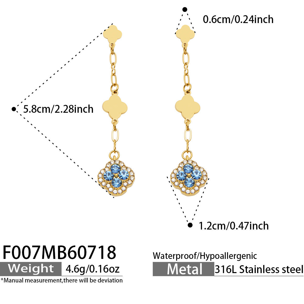 B廠【F007】清新甜美不鏽鋼鍍18k金 四葉花滿鋯石吊墜耳環高級感輕奢女飾品
 26.07-4