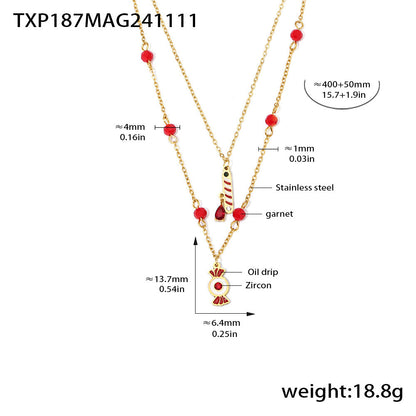 B廠【TXP187】糖果禮物雙層石榴石不銹鋼項鍊手鍊不對稱耳環輕奢套裝配件 24.11-5