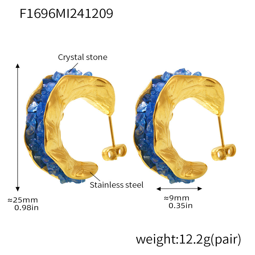B廠【F1696】歐美不鏽鋼水晶石C型耳環INS風亮晶晶奢華氣質PVD鍍金耳飾 24.12-2