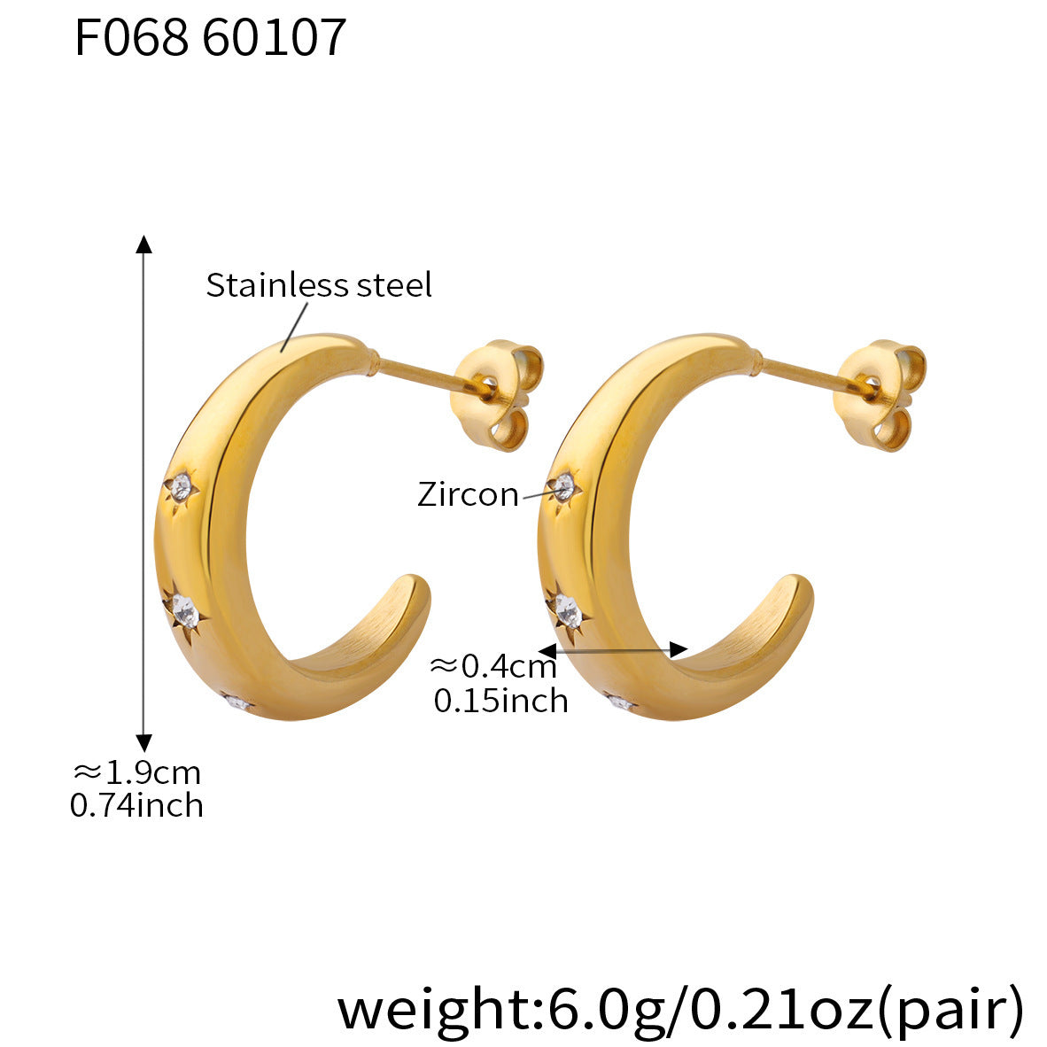 B廠【F068】跨境小眾ins冷淡風C型鑲嵌鋯石耳環不鏽鋼材質鍍18k真金百搭耳飾
 26.01-2