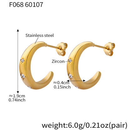 B廠【F068】跨境小眾ins冷淡風C型鑲嵌鋯石耳環不鏽鋼材質鍍18k真金百搭耳飾
 26.01-2
