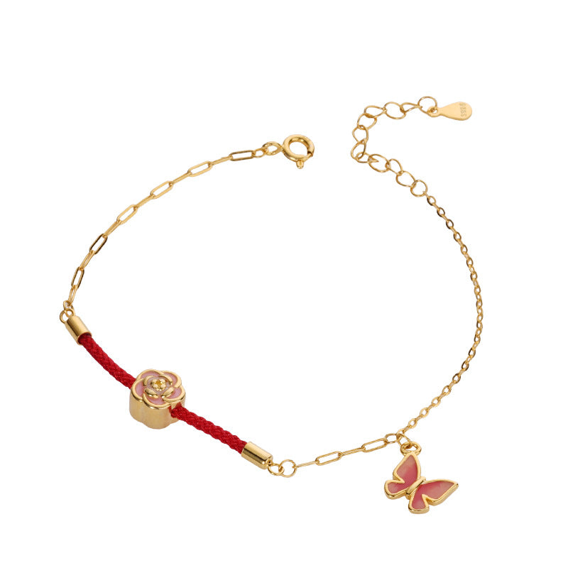 E廠【XDQ0020S】新中式琺瑯蝴蝶手鍊女S925純銀輕奢簡約花朵紅繩氣質手飾
 25.12-3