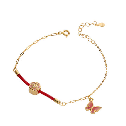 E廠【XDQ0020S】新中式琺瑯蝴蝶手鍊女S925純銀輕奢簡約花朵紅繩氣質手飾
 25.12-3