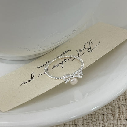 E廠【XDQ8845R】韓國版小眾蝴蝶結淡水珍珠戒指女S925純銀甜美精緻微鑲開口指環
 26.01-1