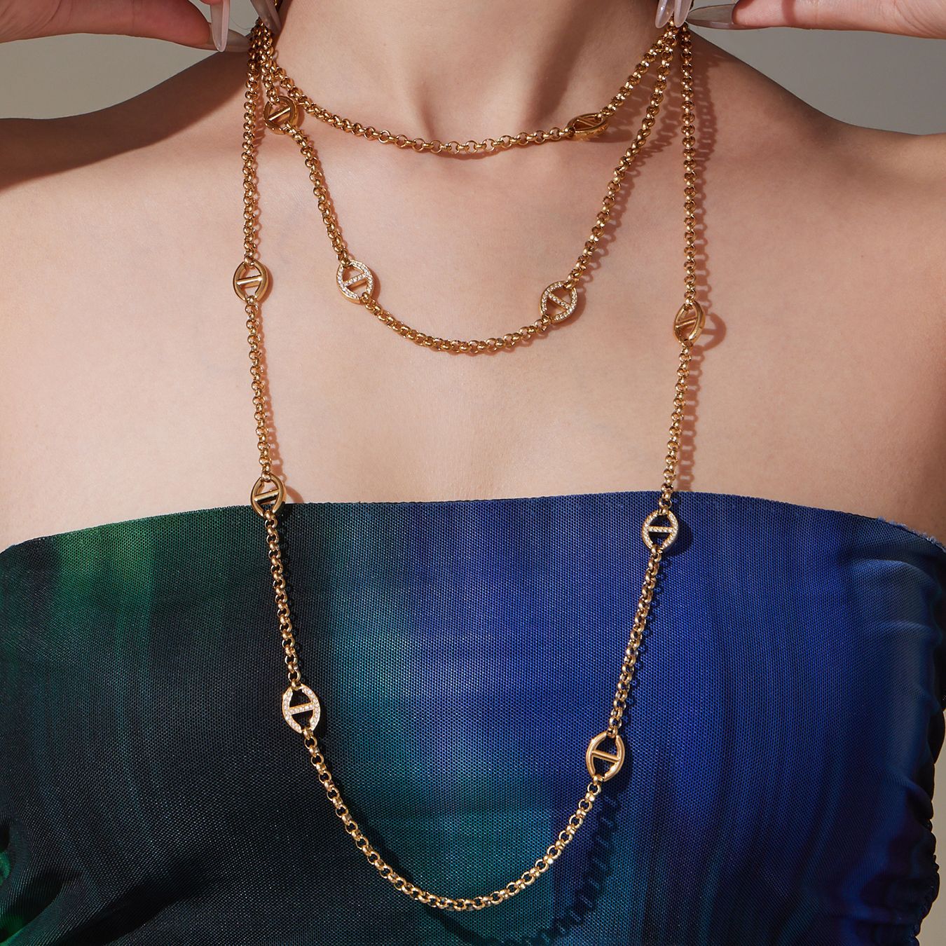 B廠【M081】超閃5A鋯石黏鑽日字扣長毛衣鏈不鏽鋼鍍18k真金保色飾品
 25.10-3