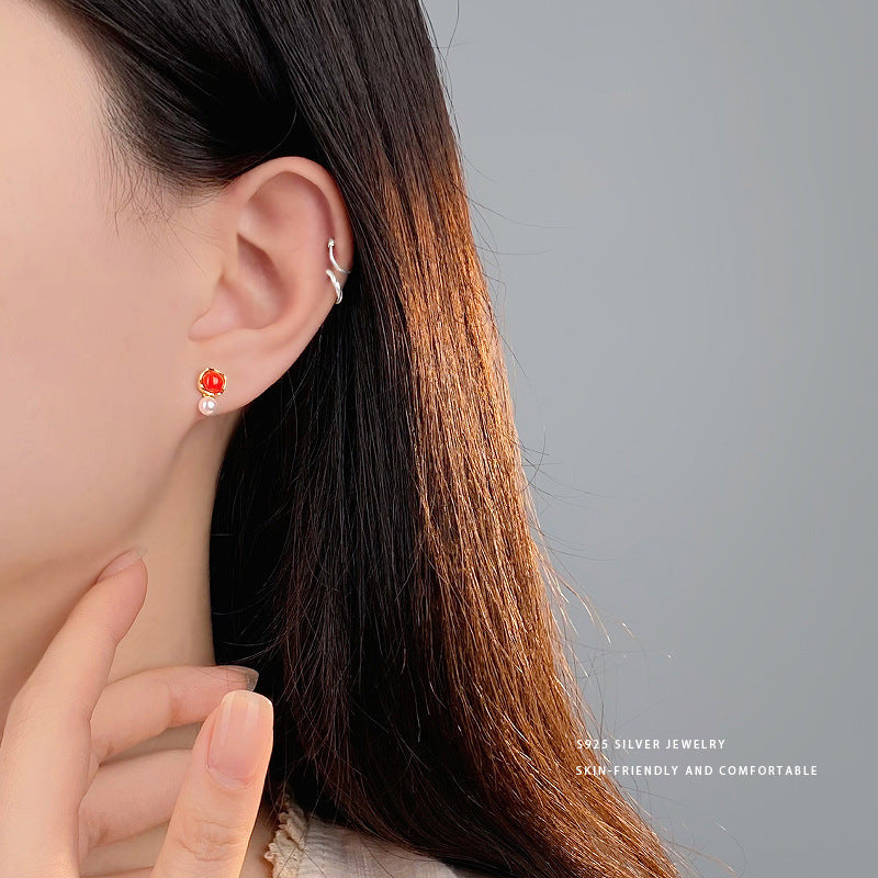 E廠【YC9877E】S925純銀小巧紅色圓珠珍珠耳環女精緻喜慶百搭顯白耳飾 24.02-3