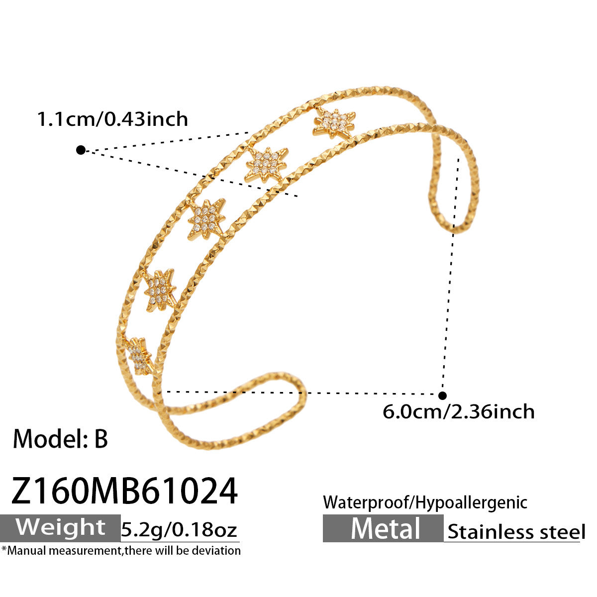 B廠【Z160】跨境時尚八角星鑲嵌鋯石不鏽鋼鍍金開口手鐲
 26.10-5