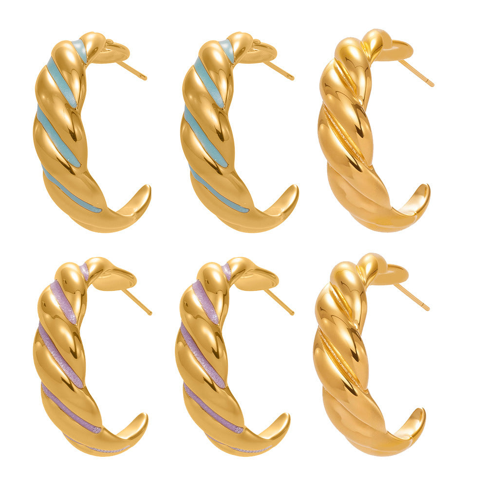 B廠【F812】新款不鏽鋼幾何扭紋滴油耳環琺瑯彩釉時尚個性耳飾鍍18k金
 25.11-1