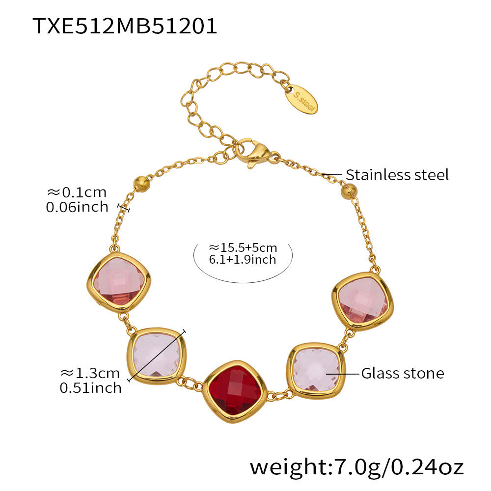 B廠【TXP512】不銹鋼正方形切面玻璃石手鍊項鍊耳環套裝歐美風潮酷氣質珠寶首飾
 25.12-2