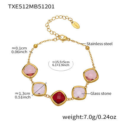 B廠【TXP512】不銹鋼正方形切面玻璃石手鍊項鍊耳環套裝歐美風潮酷氣質珠寶首飾
 25.12-2