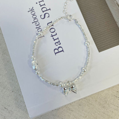 E廠【XDQ0797S】S925純銀精緻碎銀子蝴蝶結手鍊ins萌趣貓咪仿珍珠百搭手飾女
 25.11-4