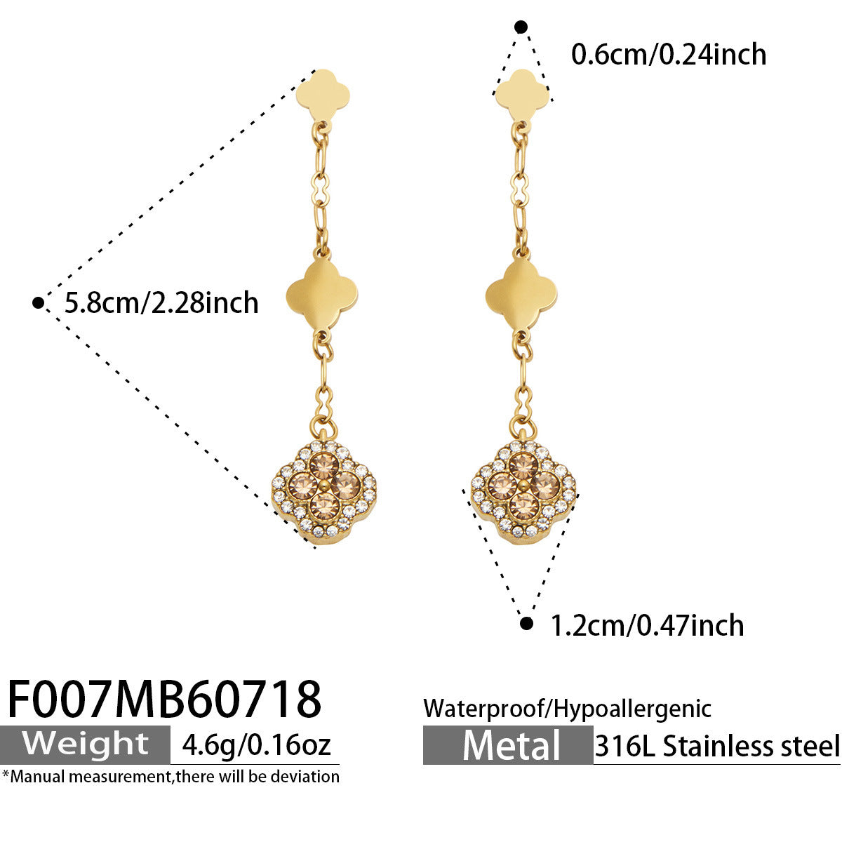 B廠【F007】清新甜美不鏽鋼鍍18k金 四葉花滿鋯石吊墜耳環高級感輕奢女飾品
 26.07-4