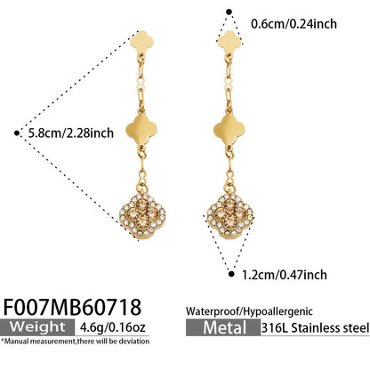B廠【F007】清新甜美不鏽鋼鍍18k金 四葉花滿鋯石吊墜耳環高級感輕奢女飾品
 26.07-4