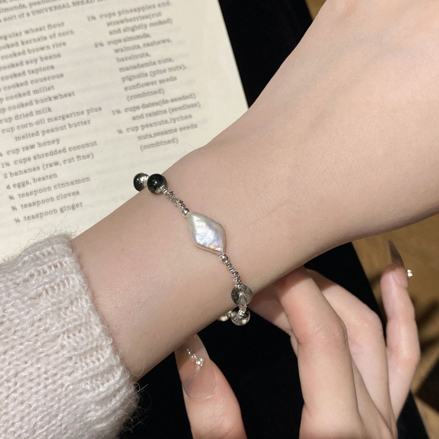 F廠【DQ0115S】天然異形珍珠綠幽靈水晶手鍊925純銀碎銀子精緻ins手飾女
 25.10-4