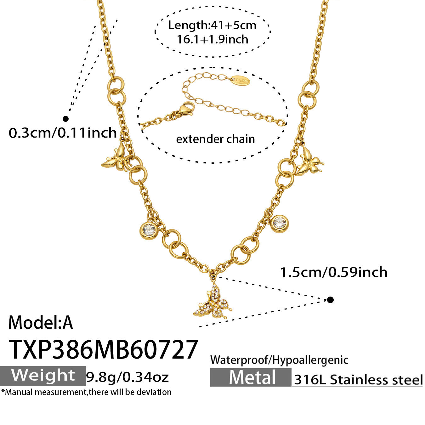B廠【TXP386】夏日風蝴蝶圓珠吊墜項鍊手鍊 316不銹鋼鍍金輕奢高級感氣質飾品女
 26.07-5