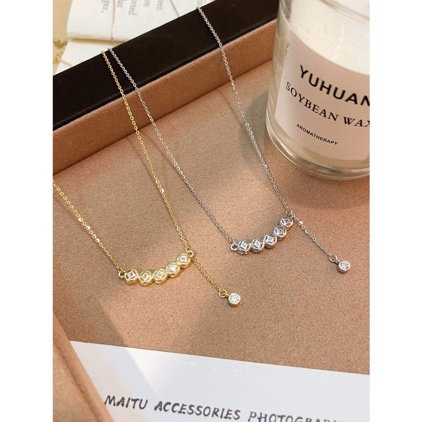 E廠【XDQ1171N】S925純銀銅錢排鑽項鍊女輕奢小眾錢幣鋯石弧形流蘇鎖骨鏈
 25.12-4