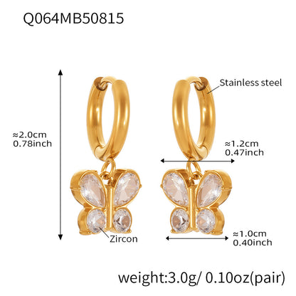 B廠【Q062】歐美飾品不銹鋼蝴蝶吊墜帶鑽耳環鍍18k真金跨境熱銷耳飾女 25.08-5