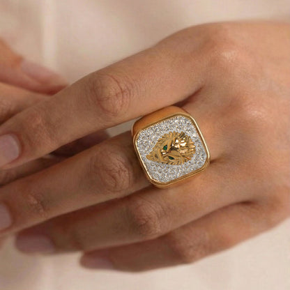 B廠【A060】歐美ins輕奢簡約設計方形獅子頭滿鑽戒指不鏽鋼鍍18k金嘻哈風手飾
 26.01-2