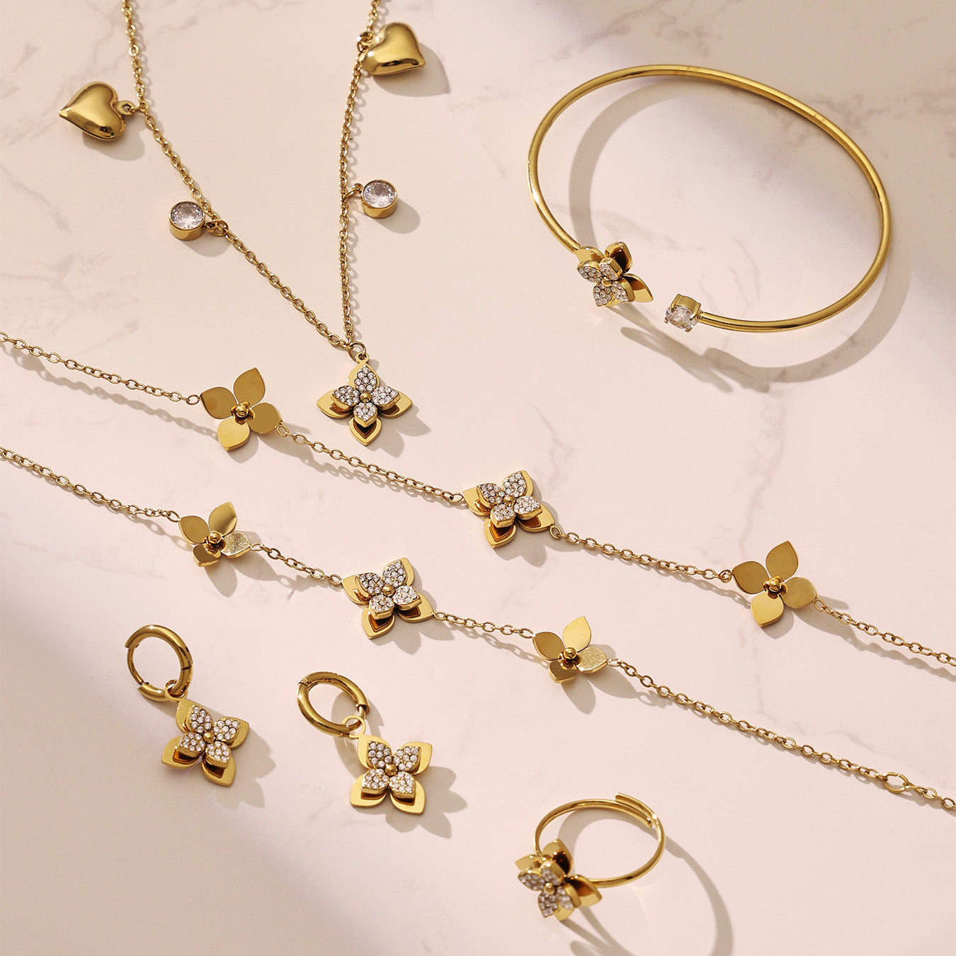 B廠【TXP535】歐美跨境簡約花朵鑲嵌鋯石開口戒指手鐲個性手鍊項鍊耳環首飾套裝
 26.01-2