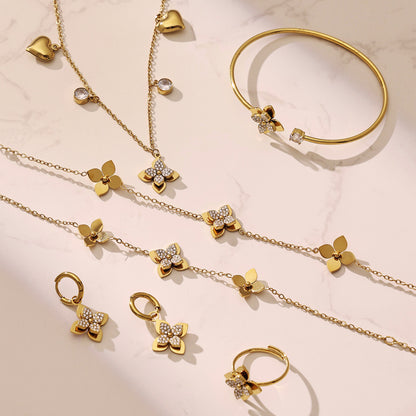 B廠【TXP535】歐美跨境簡約花朵鑲嵌鋯石開口戒指手鐲個性手鍊項鍊耳環首飾套裝
 26.01-2