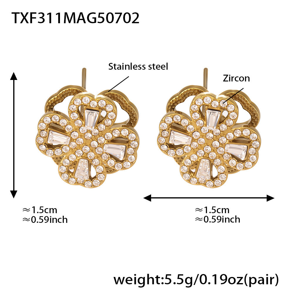 B廠【TXP311】超閃5A鋯石旋轉花朵鎖骨項鍊戒指耳環組不銹鋼18k鍍真金 25.07-2