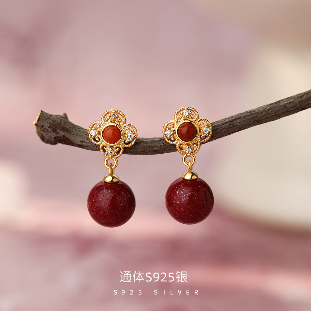 D廠【YC3413E】純銀S925如意南紅硃砂耳環國風新中式送禮精緻國潮溫柔耳飾
 26.07-4