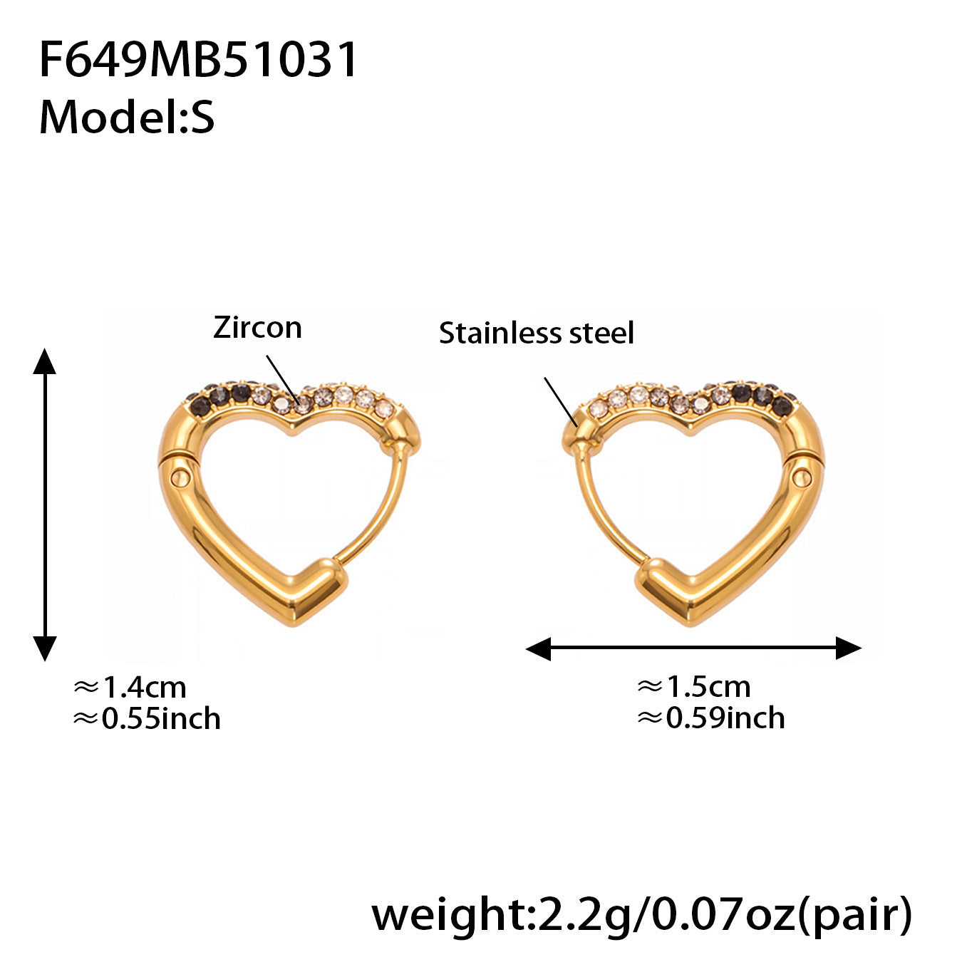 B廠【F649】跨境新款愛心彩色鋯石耳環耳環不鏽鋼鍍18k金時尚百搭耳飾
 25.11-1