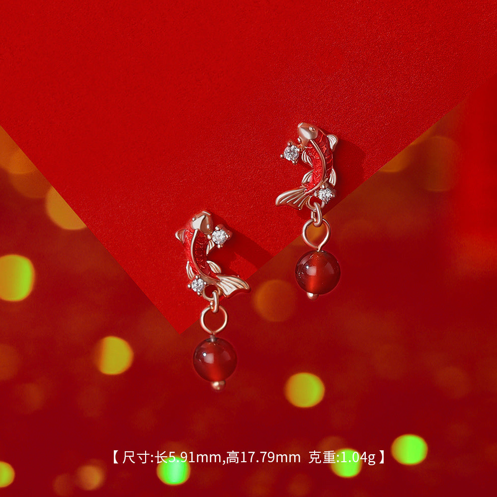 D廠【YC2289N】原創足銀S999紅瑪瑙白玉髓錦鯉平安扣項鍊個性手鍊國風耳環
 25.12-1