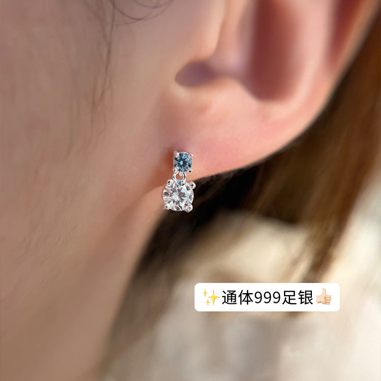 E廠【XDQ11480E】S999純銀韓藍白鋯石耳環女簡約高級感幾何圓形不對稱耳飾潮
 26.09-3