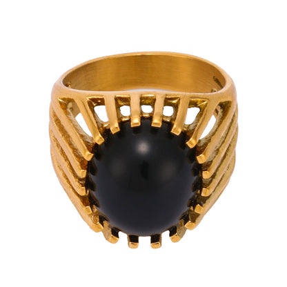 B廠【A175】歐美飾品黑瑪瑙鏤空重工戒指鈦鋼鍍18k真金食指戒指環 25.01-4