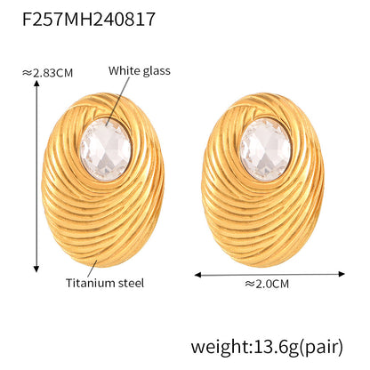 B廠【F257】歐美新款幾何橢圓鑲玻璃石鳥巢紋理耳環鈦鋼18K Gold Plated PVD 24.08-5