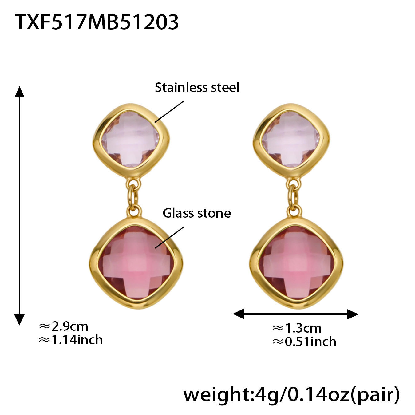B廠【TXP517】不銹鋼方形切麵包邊玻璃石吊墜耳環項鍊手鍊珠寶首飾套裝鍍18k金
 25.12-2