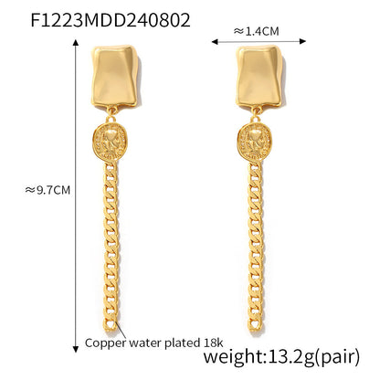 B廠【F1223】亞馬遜熱銷新款幾何人像圓牌鏈條流蘇耳環銅水鍍18k真金氣質耳飾 24.08-2