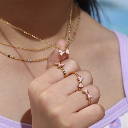 B廠【TXP315】不鏽鋼新款飾品粉紅色蝴蝶結耳環戒指手鍊項鍊腳鍊套裝 25.07-3