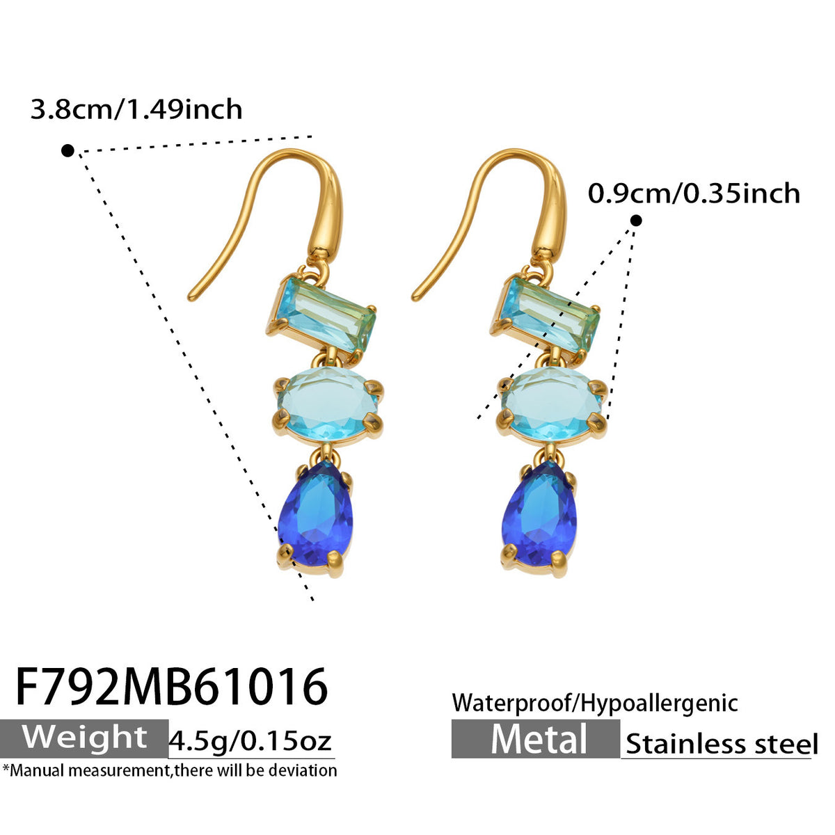 B廠【F792】個性疊層彩鋯流蘇耳墜不鏽鋼鍍18k金耳環
 26.10-4