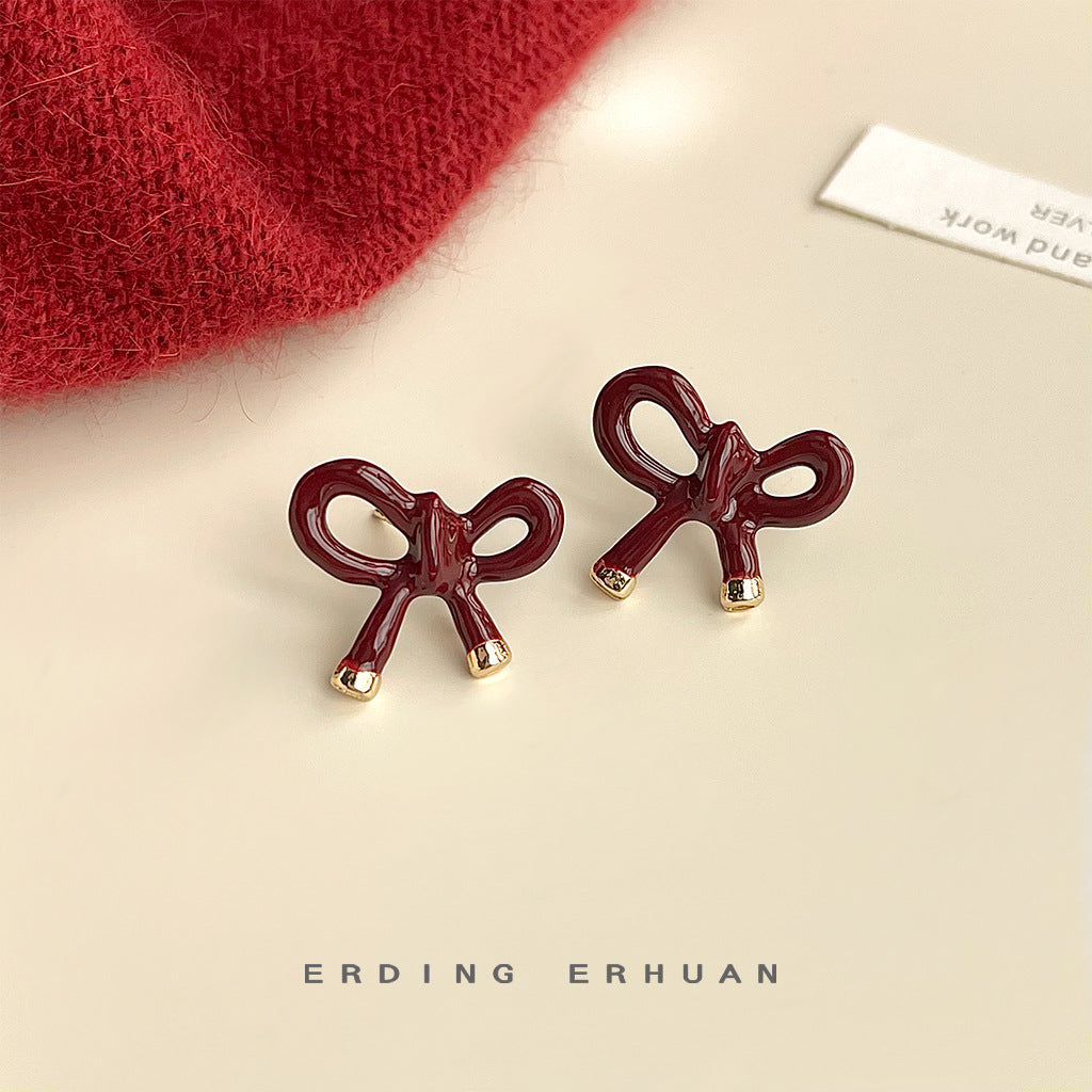 C廠【4967】安可拉紅電鍍14K酒紅色琺瑯滴油蝴蝶結時尚高級感耳環耳飾女
 25.11-1