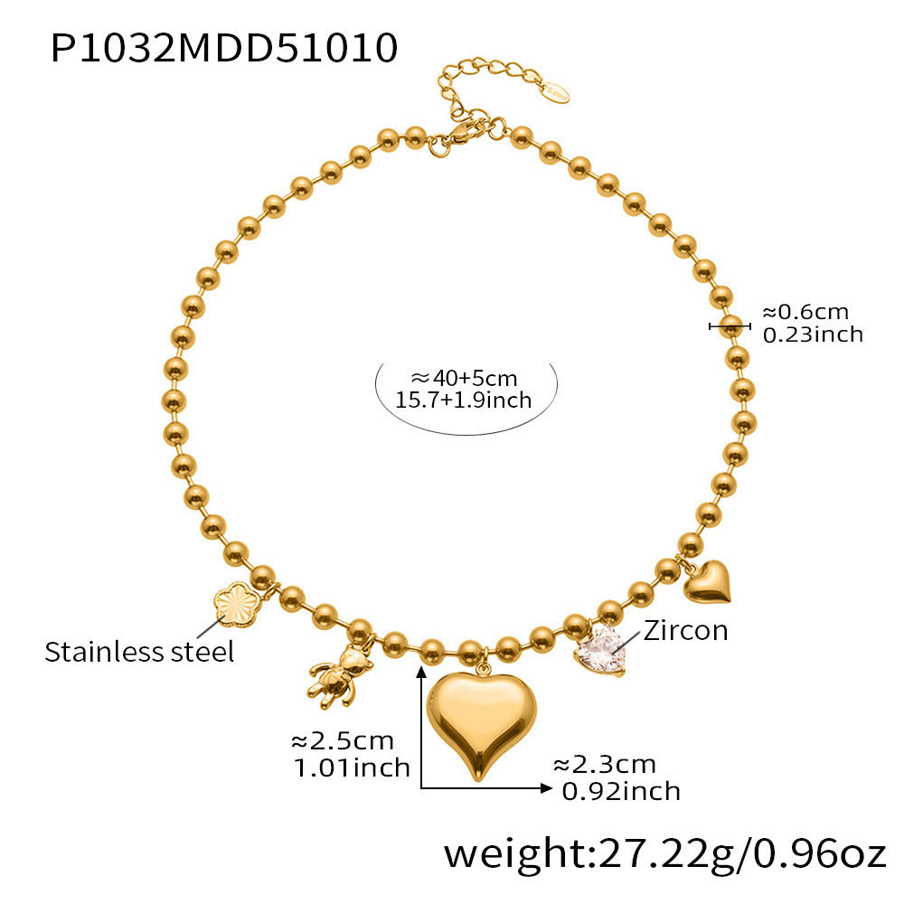 B廠【P1032】不鏽鋼鋯石大愛心小熊DIY多配件空心項鍊鍍18K真金珠寶首飾
 25.10-3