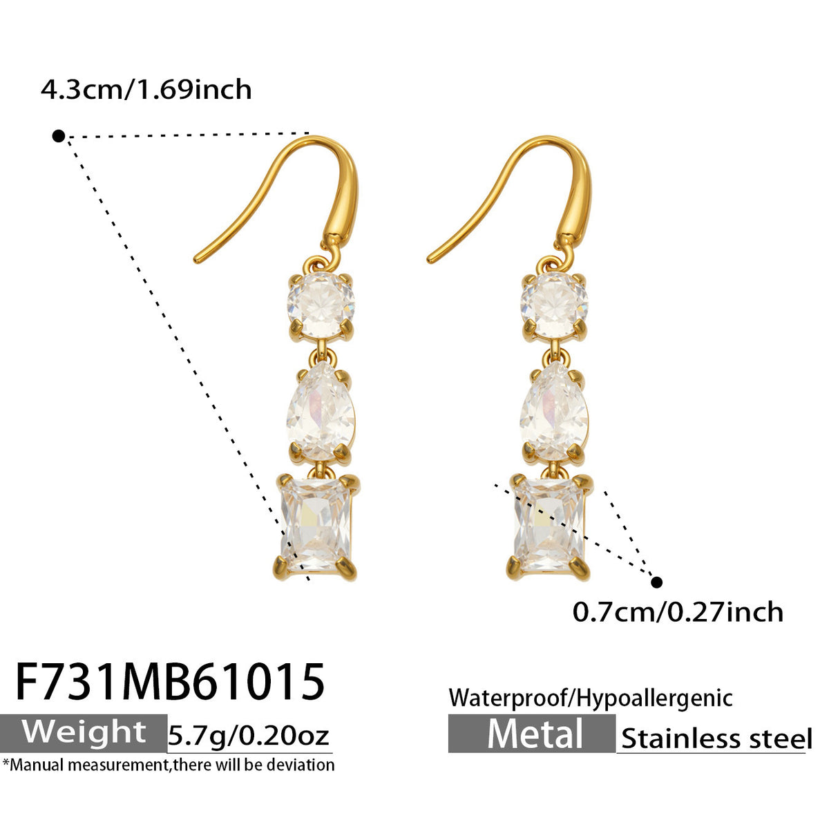 B廠【F731】拼接彩锆石耳墜不鏽鋼鍍金三層結構耳環
 26.10-4