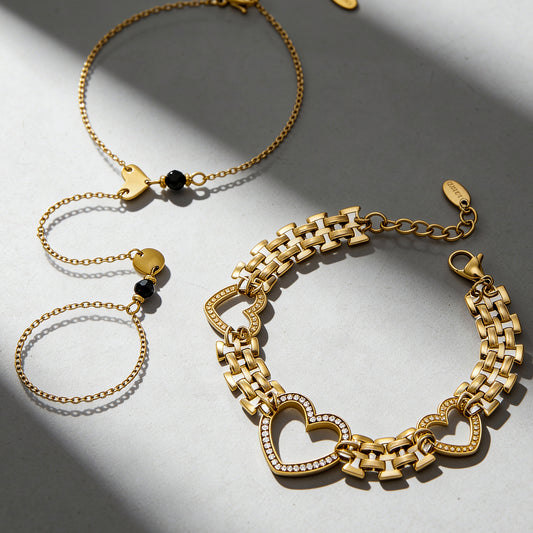 B廠【E169】不鏽鋼鋯石愛心手錶鍊天然石愛心手指鏈組合高質感飾品鍍18k真金
 25.12-3