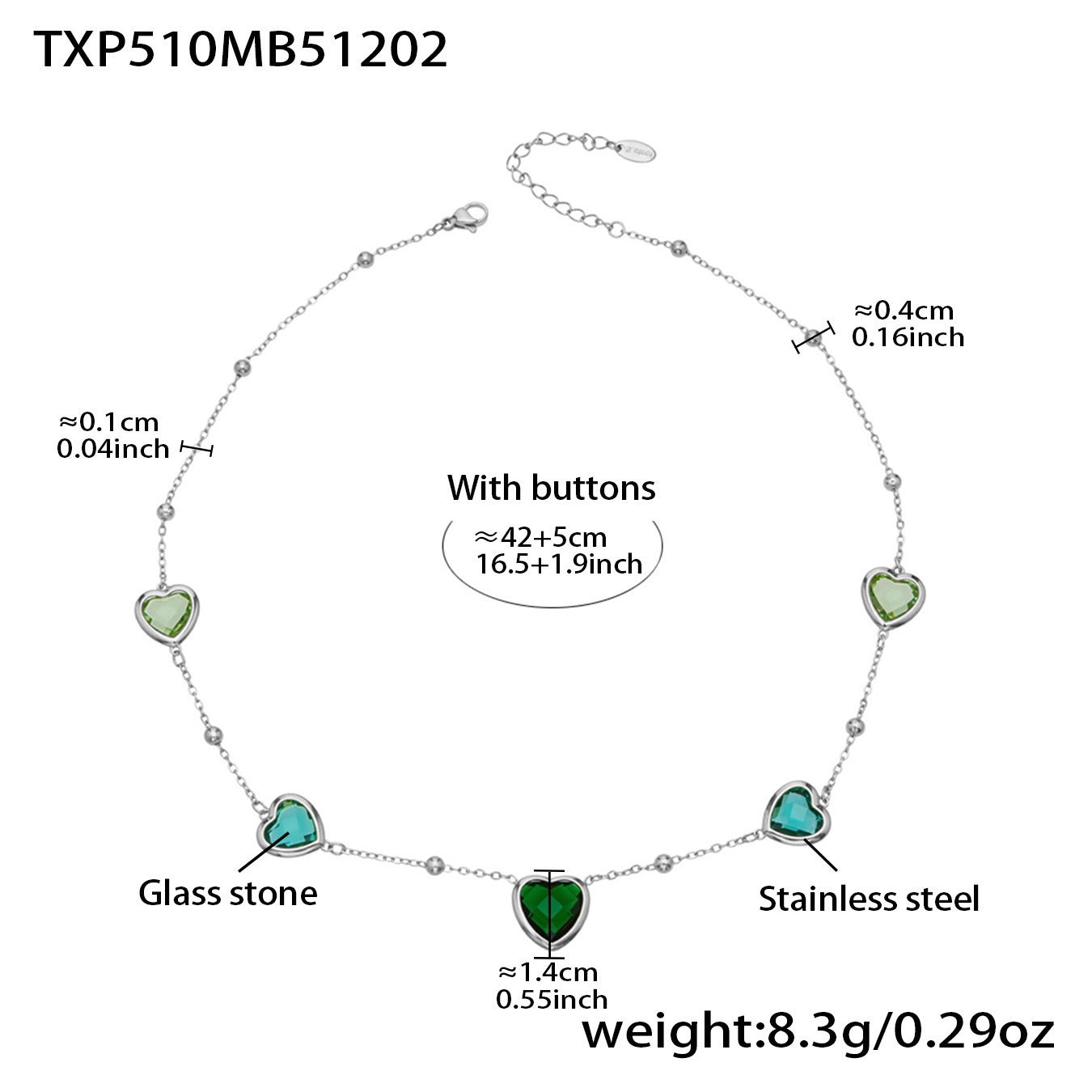 B廠【TXP510】不鏽鋼愛心切麵包邊玻璃石鋼珠項鍊手鍊耳環組鍍18k真金不掉色
 25.12-2